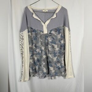 Easel Blue and Cream Camouflage Long Sleeve Top